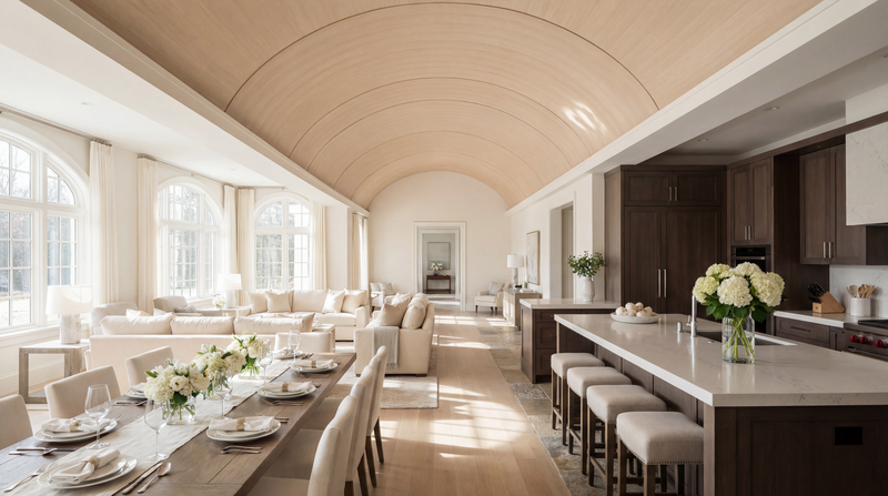 Modern kitchen and dining area with white walls, wooden floors, and large windows.