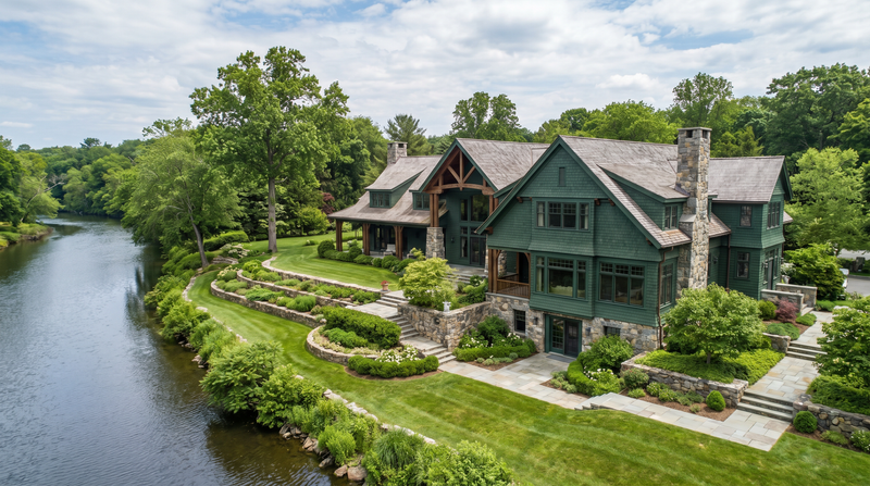 Large green house with stone accents by a river, surrounded by trees and greenery.