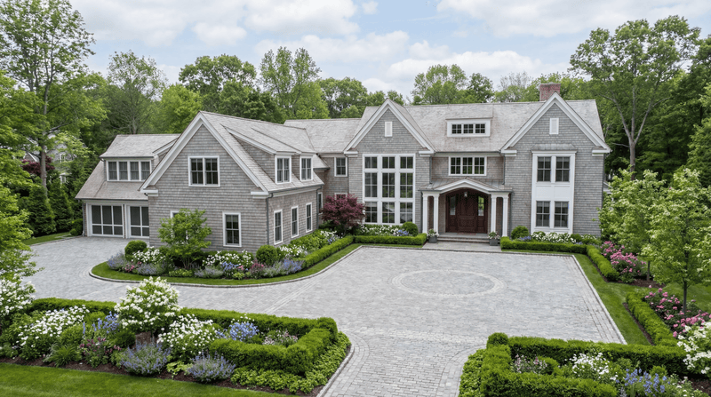 Large gray house with a well-manicured garden and driveway