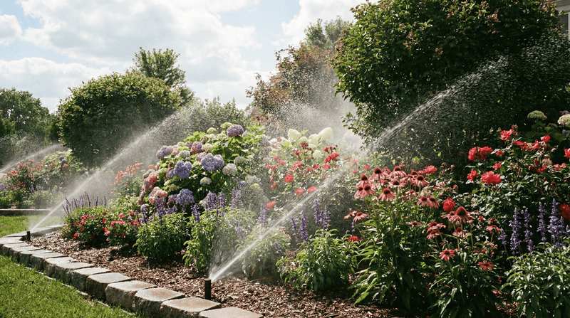 Sprinklers watering a garden with colorful flowers and greenery.