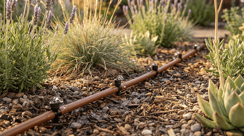 Drip irrigation system in a garden with plants and rocks.