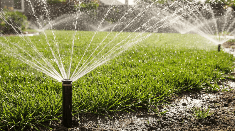 Sprinkler watering grass with water spraying in various directions
