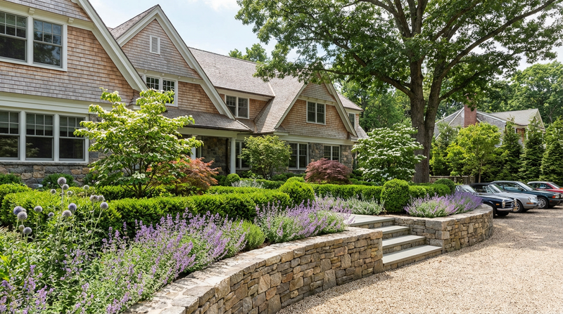 Stately house with a well-maintained garden and driveway.
