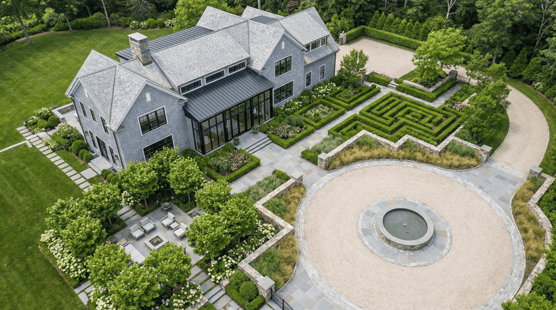 Aerial view of a large house with a well-manicured garden and fountain.