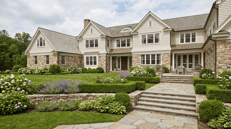 Large two-story house with a well-maintained garden and stone pathway.