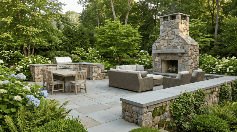 Outdoor patio with stone fireplace, dining table, and chairs surrounded by greenery.