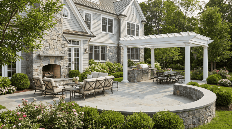 Outdoor patio area with furniture and a pergola in front of a house