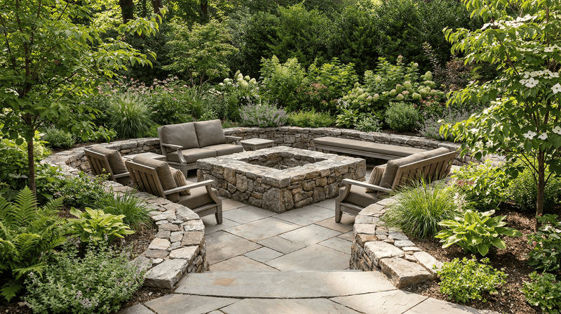 Outdoor patio with stone fire pit and wooden furniture surrounded by greenery