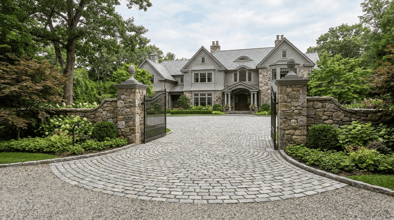 Luxury house with a stone driveway and gate entrance