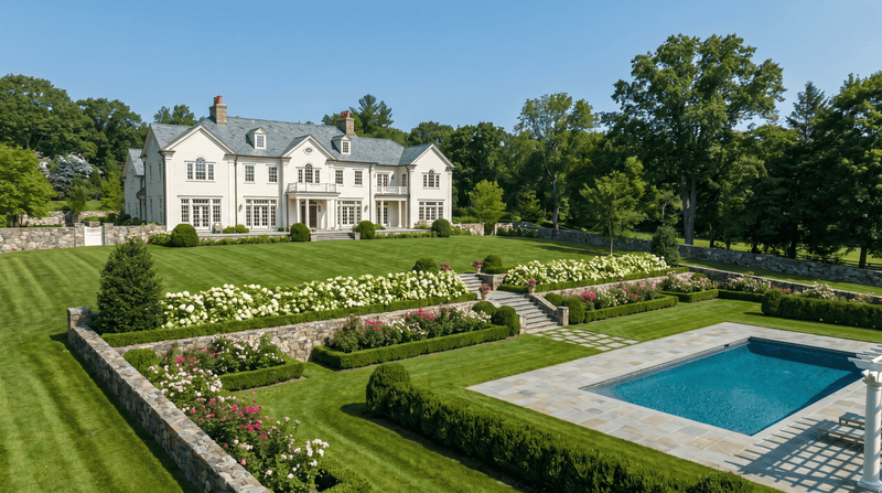 Large white house with a pool and well-manicured garden