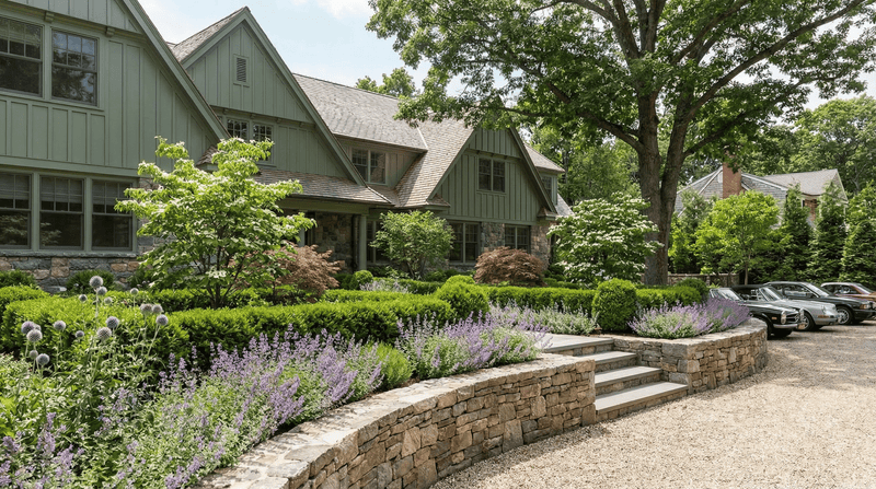Manicured garden with a stone wall in front of a house