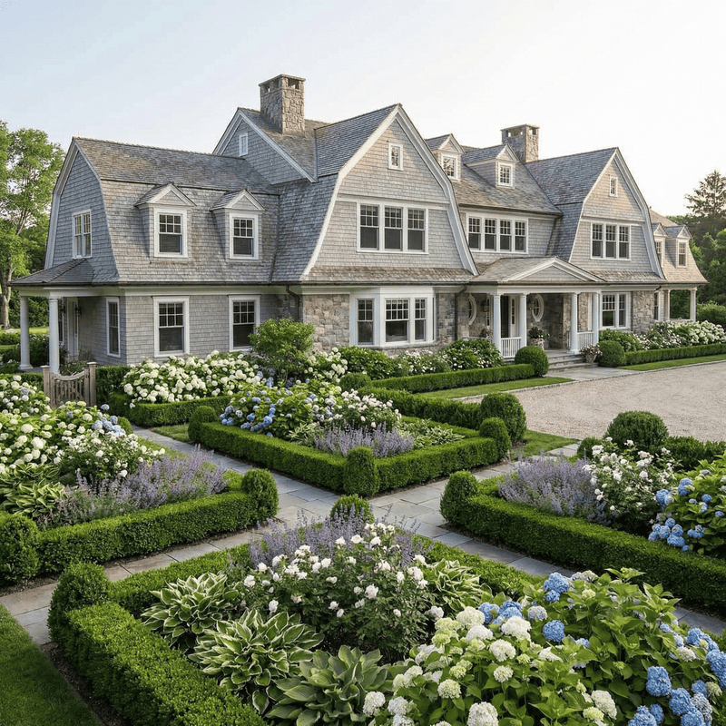 Large house with a well-manicured garden featuring various plants and flowers.