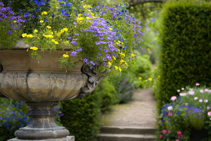 Decorative stone urn filled with colorful flowers in a garden setting.