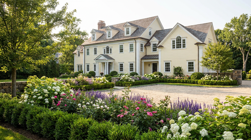 Large house with a well-manicured garden featuring flowers and shrubs.