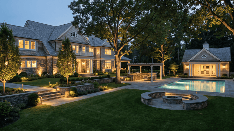 Luxurious house with a pool and garden at night