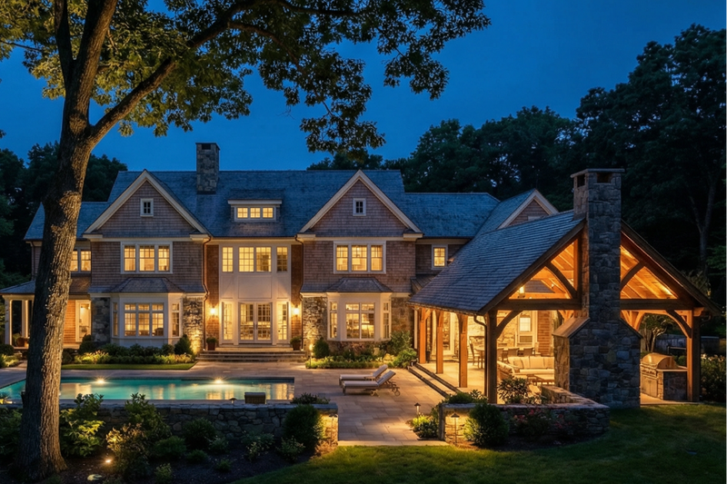 Luxurious house with pool and outdoor seating area at night
