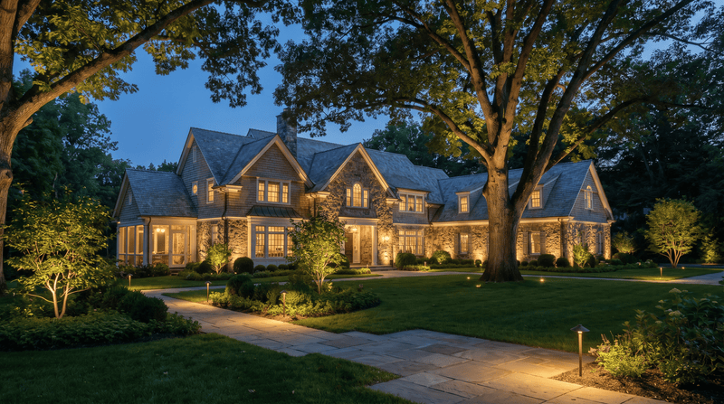Luxurious house with well-maintained garden at dusk