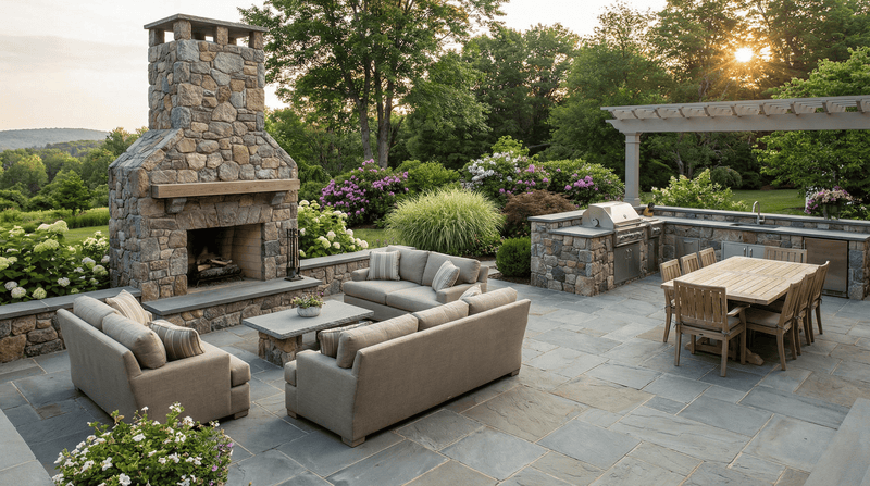 Outdoor patio with stone fireplace, seating area, and dining table in a garden setting.
