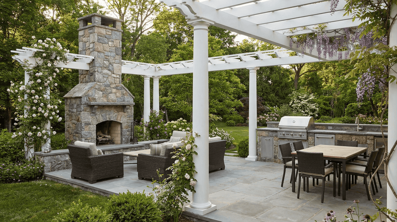 Outdoor patio with fireplace, pergola, and dining area surrounded by greenery