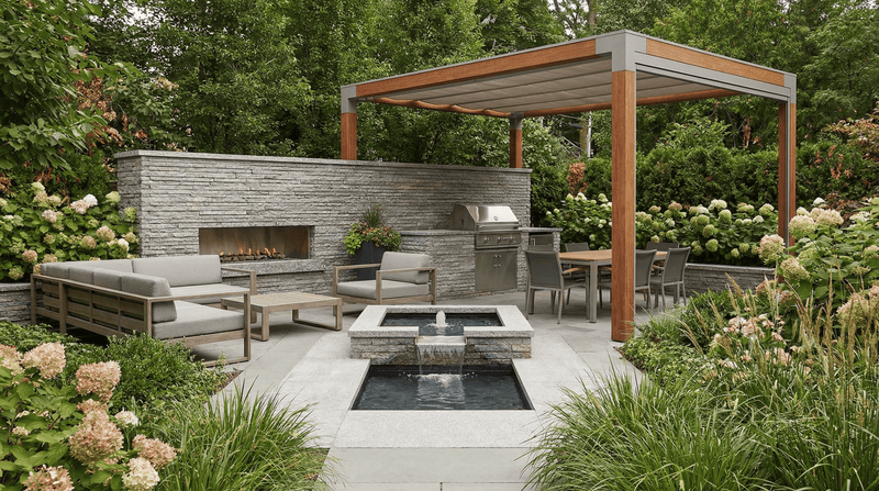 Outdoor patio with pergola, fireplace, and fountain surrounded by greenery