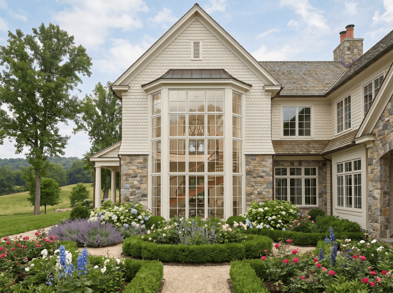 Stylish house with large windows and a well-maintained garden.