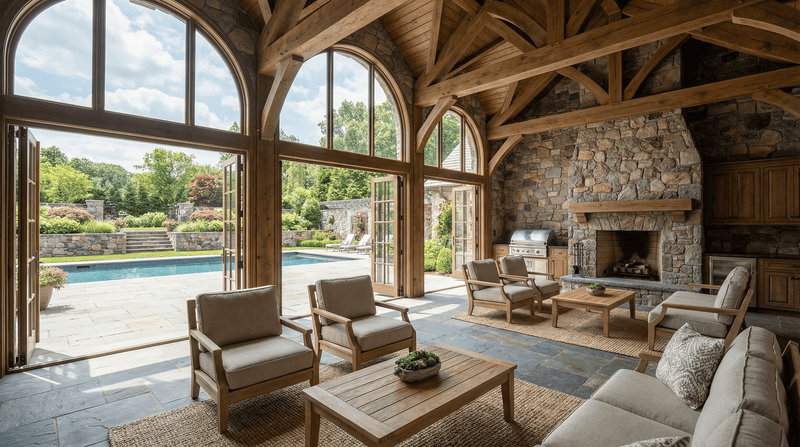 Living room with stone fireplace, wooden furniture, and view of a pool and garden.