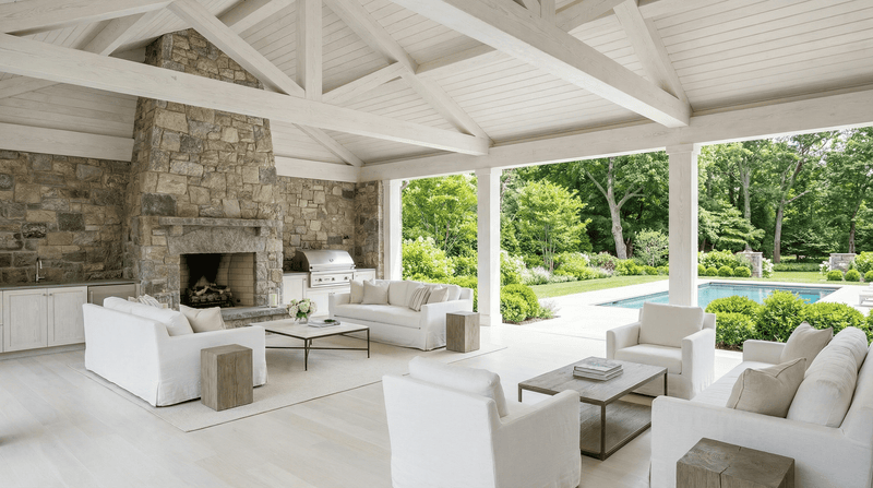 Modern outdoor living space with white furniture, stone fireplace, and pool area.