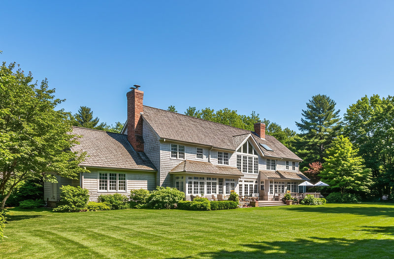 Large house with a well-maintained lawn and trees under a clear blue sky