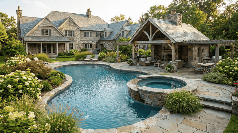 Large house with a swimming pool and outdoor seating area