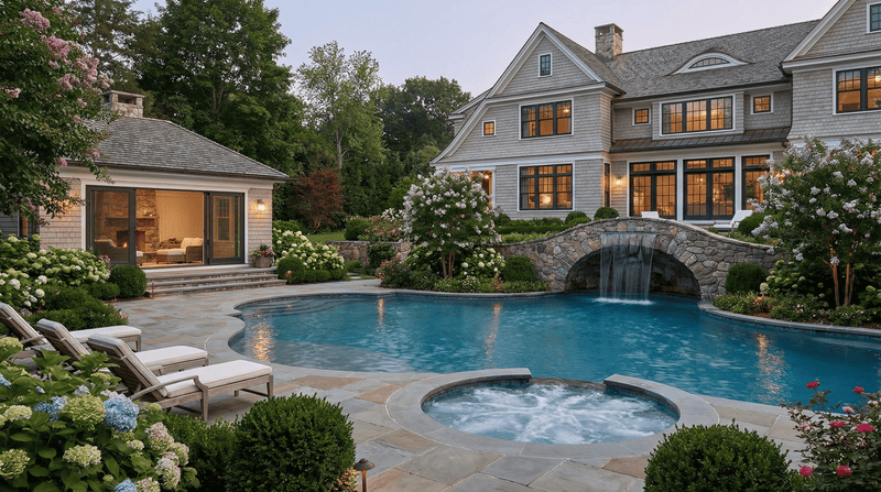 Luxurious house with a pool and garden in a suburban setting