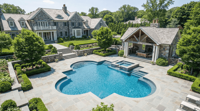 Luxurious mansion with a pool and outdoor seating area