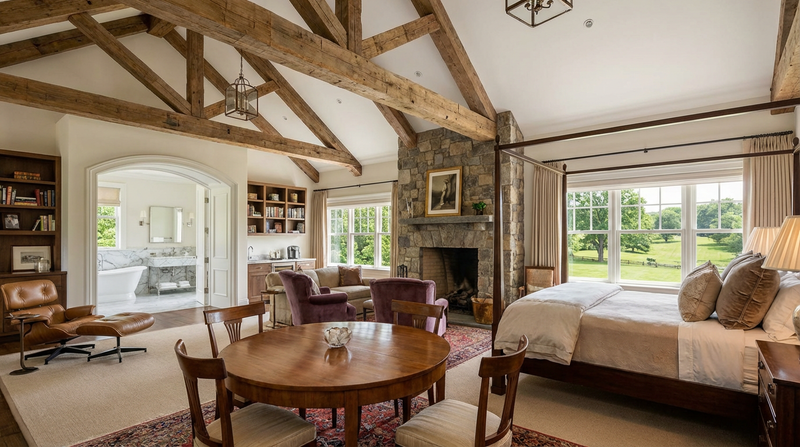 Luxurious bedroom with wooden beams, a fireplace, and a view of a garden.