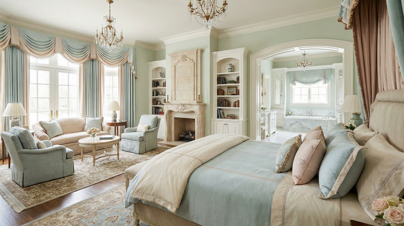 Luxurious bedroom with elegant decor, including a bed, sofa, and chandeliers.
